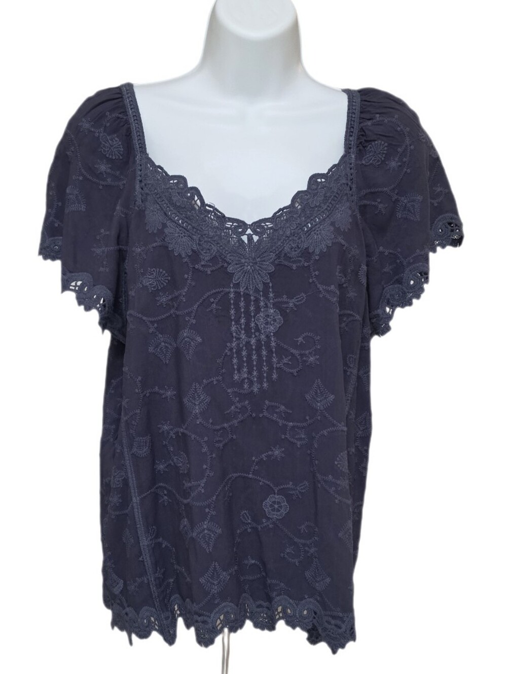 Democracy Lace Crochet Trim Embroidered Boho Woven Top Flutter Sleeves Blue M
